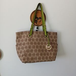 Michael Kors Shoulder Tote Bag With Green Handles & Interior